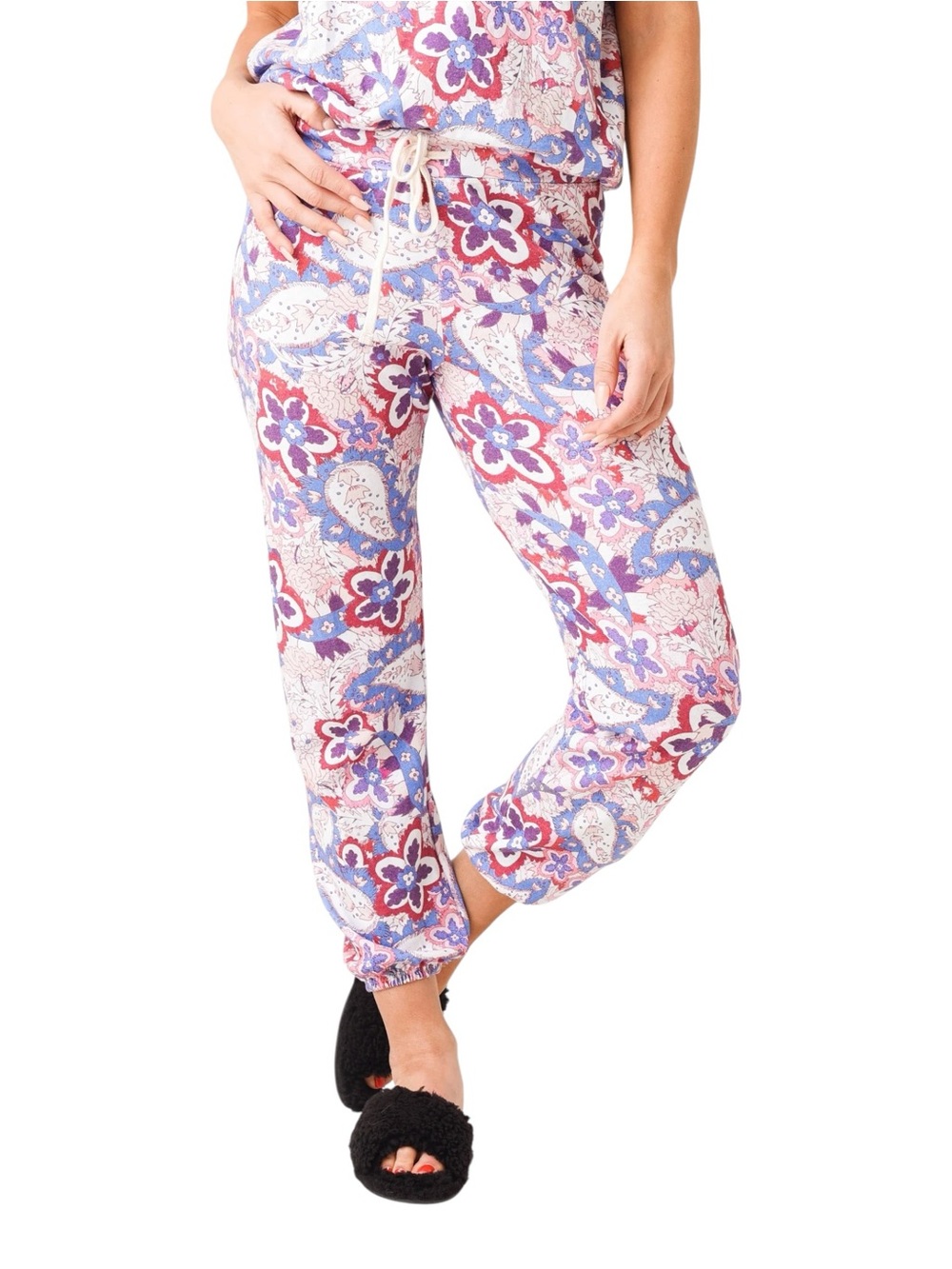 Sundry Paisley Sweatpants Pink Purple Floral Print Fleece Joggers NWT